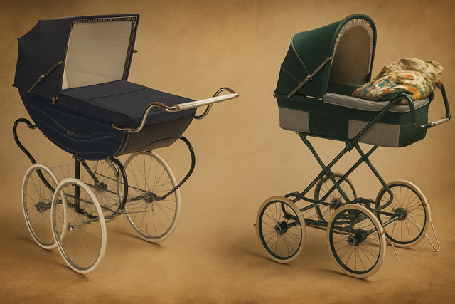 Zdjęcie przedstawia dwa historyczne lub stylizowane na retro wózki dziecięce typu gondola, ustawione obok siebie na beżowo-brązowym tle.